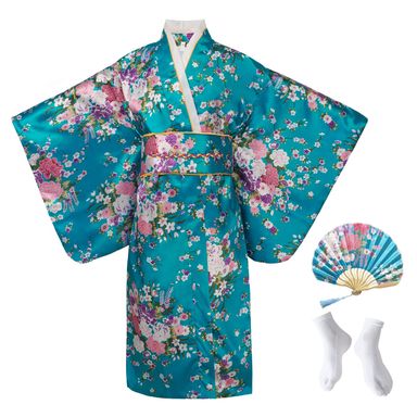 Japanese Kimono Dress for Girls Kids Anime Cosplay Halloween Costume Fancy Robe Large Blue-a