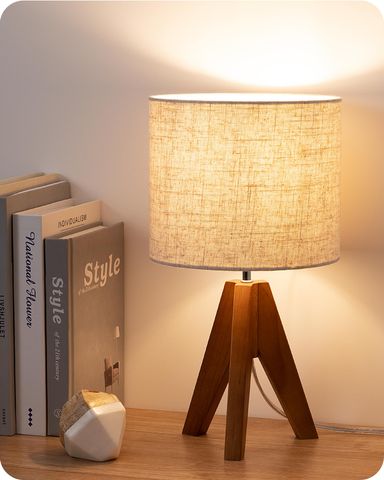 EDISHINE Tripod Table Lamp, Small Cute Bedside Lamp with Linen Beige Lampshade, Nightstand Lamp for Nursery, Bedroom, Kid Room, Living Room, Light Brown Wooden Base, E26 Socket, 14.2 Inch Bohemian