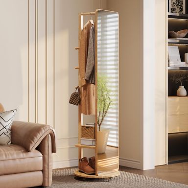Wood Full Length Mirror 69” with Hooks & Hidden Storage, 3-in-1 Coat Rack Standing Mirror with 360° Hidden Wheels, HD Anti-Distortion Glass for Bedroom, Entryway, Closet