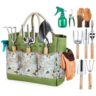 Gardening Tools 9-Piece Heavy Duty Garden Hand Tools with Fashion and Durable Garden Tools Organizer Handbag, Rust-Proof Garden Tool Set, Ideal Gardening Gifts for Women Green