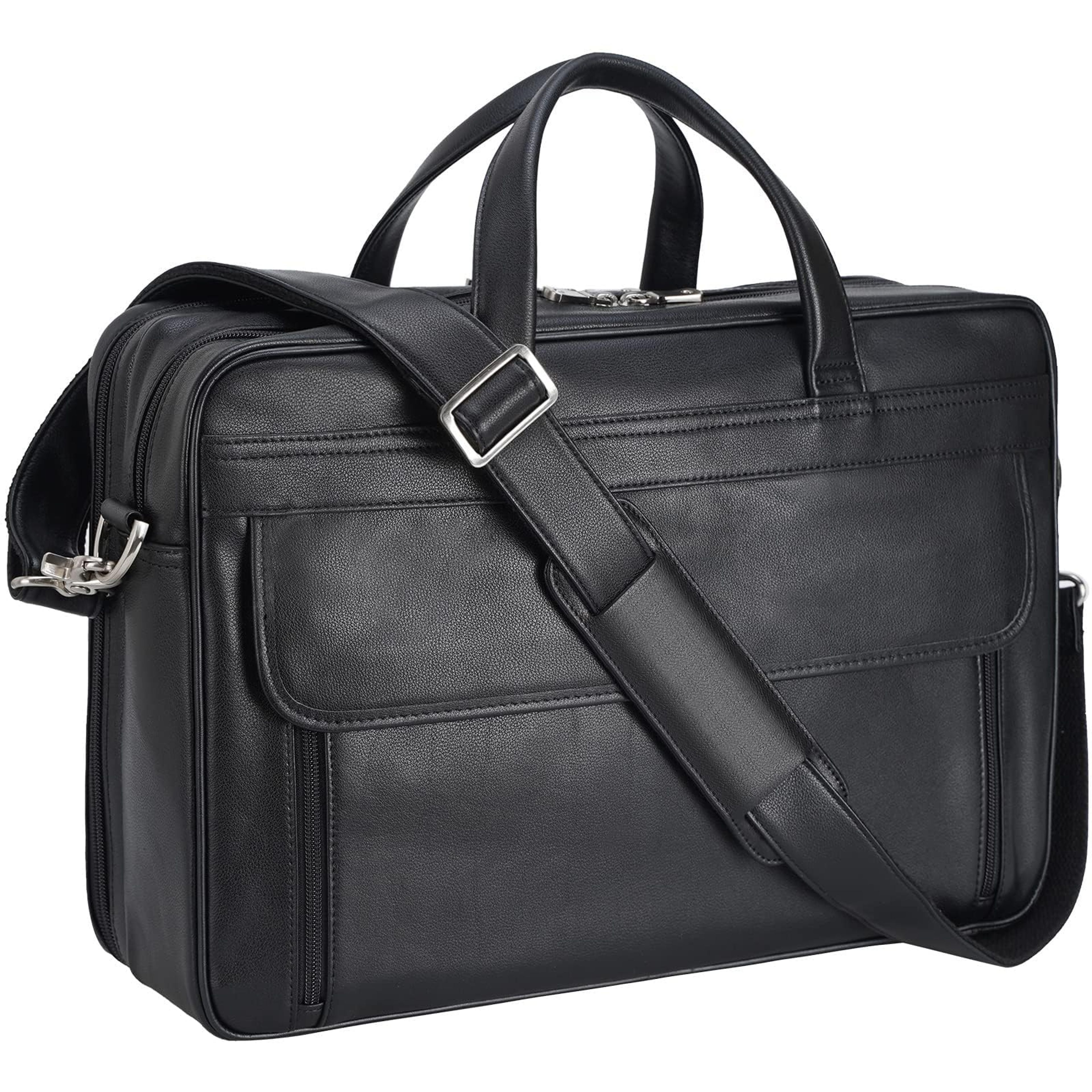 Masa Kawa Men's Black Leather Briefcase for 17" Laptop