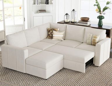 Belffin Modular Sectional Sofa with Sleeper Sofa Couch Pullout Bed, L Shaped 5 Seater Sleeper Sectional Couch with Storage Seat for Living Room, Beige