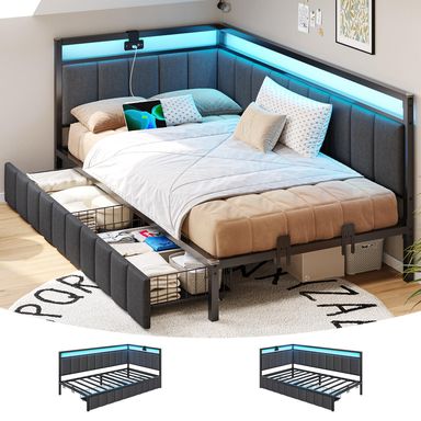 DICTAC Twin Size Bed Frame with 2 Storage Drawers & Charging Station Corner Twin Bed Frame with Storage and Led Lights Twin Size Daybed with Upholstered Guardrail for Kids/Teen,Easy Assemble,Gray Grey Twin