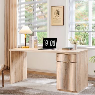 JXQTLINGMU 60" Modern Executive Desk with Storage, Wood Home Office Desk with Drawer & Cabinet, Fluted Computer Writing Desk for Study, Living Room, Bedroom, Natural Oak 22"D X 60"W X 30"H Natural Oak