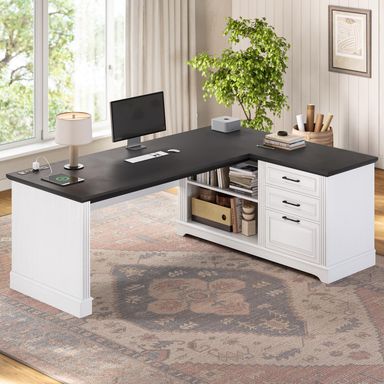 SEDETA Executive Desk, 61" Farmhouse L Shaped Desk with File Drawers, Office Desk with Drawers and Power Outlets, Computer Desk with Storage Shelves for Home Office, Grey