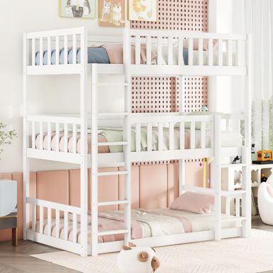 Bellemave Solid Wood Triple Bunk Bed for 3 Kids,Twin Over Twin Over Twin Triple Bunk Bed with Two Built-in Ladders,Detachable,White Twin over Twin over Twin White
