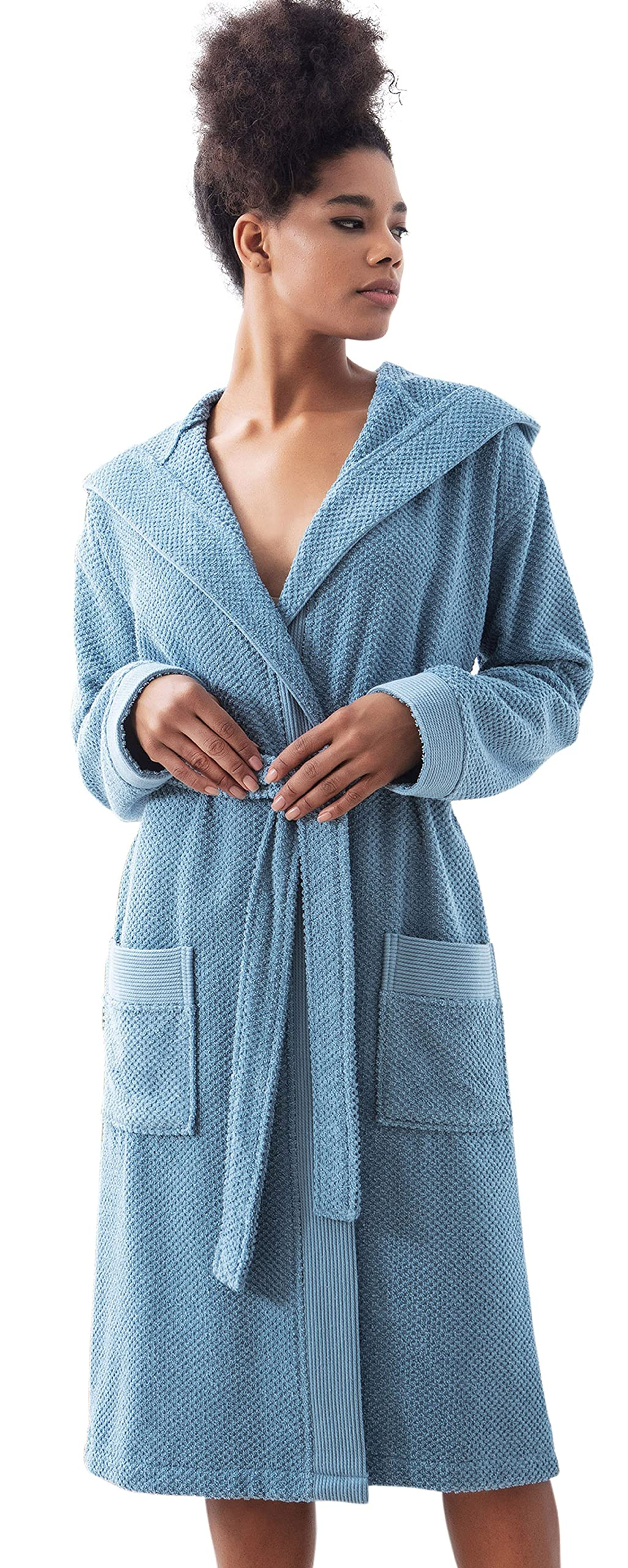 Women's Organic Turkish Cotton Hooded Kimono Bathrobe Large Blue