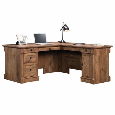 Sauder Palladia L Shaped Desk with Drawers, Office Desk with File Cabinet Storage, Cable Management, Keyboard Tray, in Vintage Oak Finish