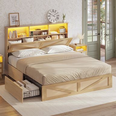 AOGLLATI Queen Bed Frame with 4 Storage Drawers and Natural Rattan 2-Tier Bookcase Hidden Headboard, Boho Led Bed Frame Queen Size with Charging Station, No Box Spring Needed, Wood Wood Queen