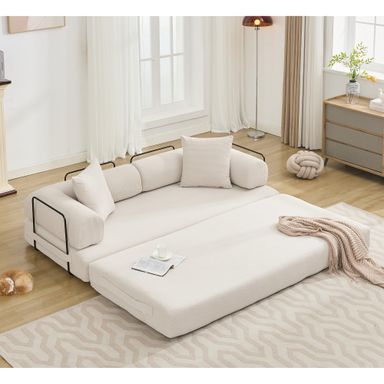 Convertible Sleeper Sofa Bed with Fixed-Shape Frame, Floor Sofa Lounge Couch with Cylindrical Pillow, Corduroy Folding Mattress Couch for Living Room Bedroom Lounge Studio-Beige White