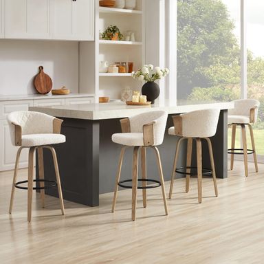 Art Leon Swivel Bar Stools Set of 4 - Mid Century Modern 30" Bar Height Barstools, Boucle Fabric Upholstered Counter Height Barstools with Back, Swivel Bar Chairs with Wood Legs, Off White/Natural Oak Set of 4-Stools Off White Fabric