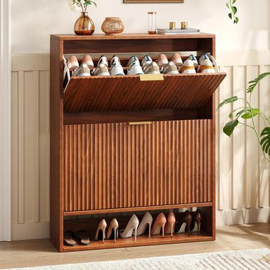 31.5''W Walnut Shoe Storage Cabinet for Entryway with 2 Flip Drawers, Narrow Wood Fluted Shoe Rack Cabinet,Freestanding Slim Shoe Organizer Cabinet for Foyer, Hallway Walnut 2-Drawer