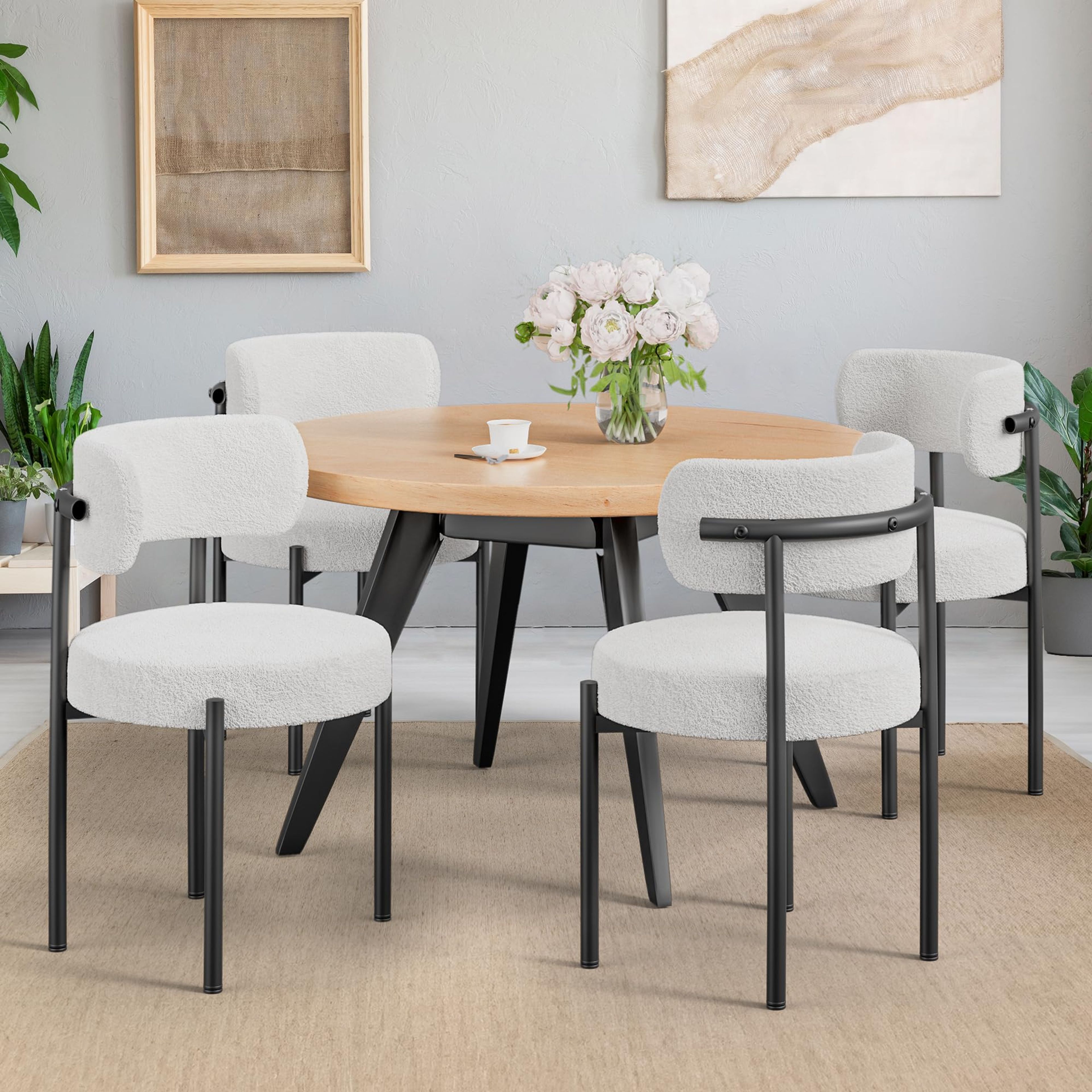 White Boucle Dining Chairs Set of 4 - Mid-Century Modern Comfort