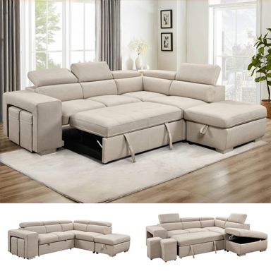 THSUPER 104'' Microfiber L Shaped Sectional Sleeper Sofa Couch with Pull Out Bed and Storage Ottoman, Convertible Couches with Adjustable Headrest for Living Room, Right Facing Chaise. Beige