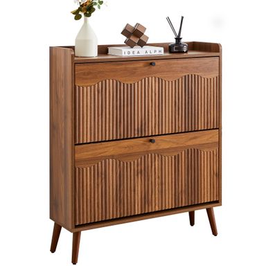 BERRYMERRY 31.5" Fluted Shoe Storage Cabinet with 2 Flip Drawers, Narrow Shoe Storage Organizer Rack with Wave Door for Entryway, Hallway, Living Room 2 Drawers Brown
