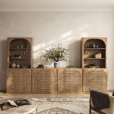 BELLEZE 6-Piece Modular TV Stand Set - 4 Sideboards with Drawers and 2 Storage Hutch, Classic Modern Media Console Table Cabinet with Adjustable Shelves for Living Room (Camel) Jagger Camel 1c2h