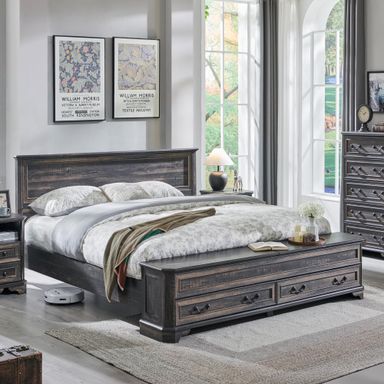 T4TREAM Farmhouse Queen Bed with Headboard and Storage Bench - Rustic Wood Platform Bed with 64" Storage Chest and 4 Large Drawers, Dark Rustic Oak