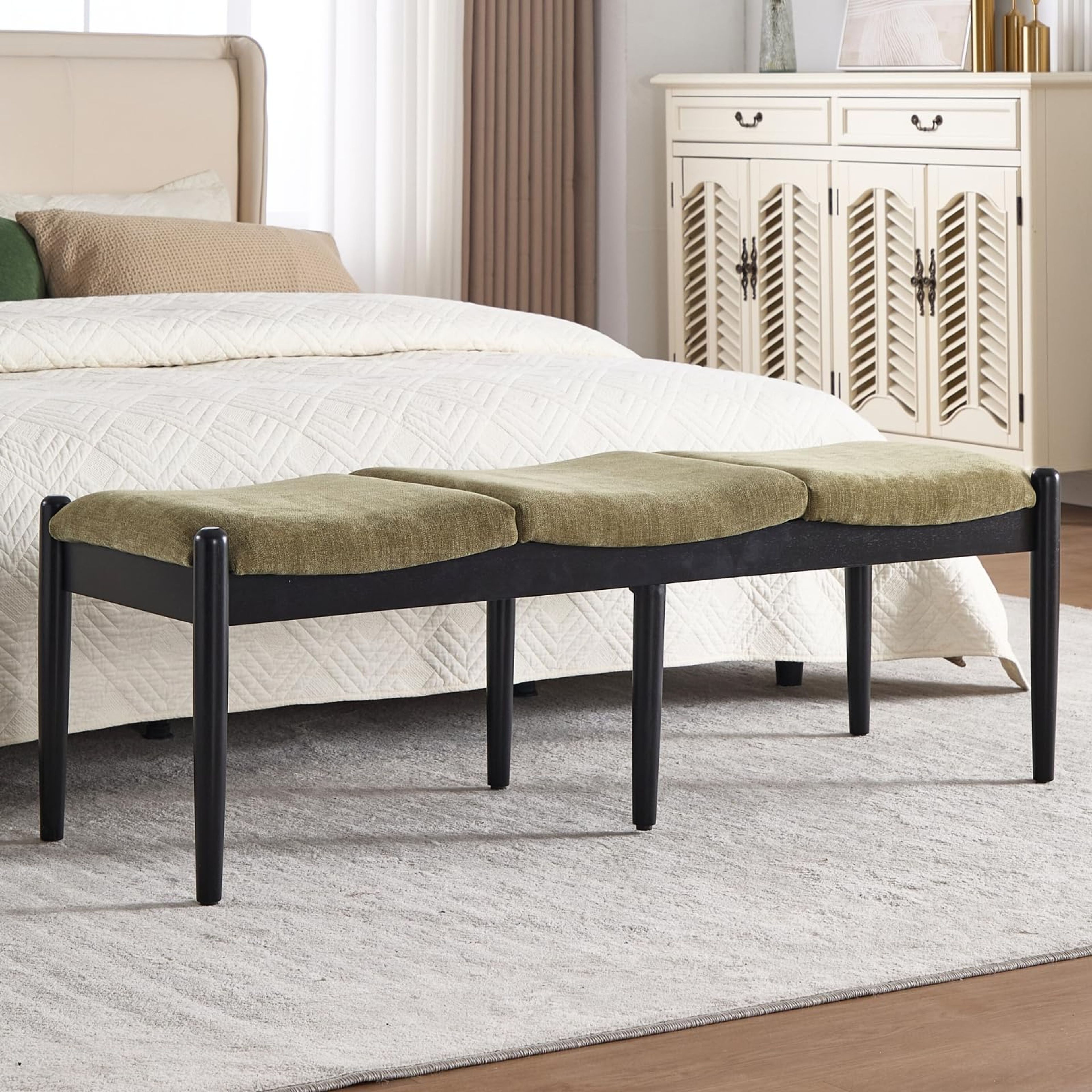 DUOMAY 55" Green Chenille Ottoman Bench with Wood Legs