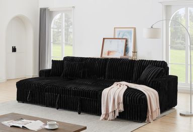 THSUPER 122'' Oversized U Shaped Plush Corduroy Fluffy Sectional Sleeper Sofa with Pull Out Bed and Double Storage Chaise for Living Room - Black