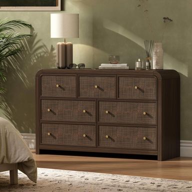 Oak&Sparrow 7 Drawer Dresser for Bedroom, 49'' Rattan Dresser with Ample Storage, Boho Chest of Drawers, Thickened Curved Profile Design, Dark Walnut Dressers for Bedroom, Living Room 7 Drawers