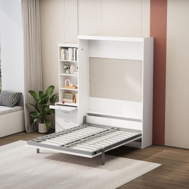 Modern Full Size Vertical Murphy Bed, with Shelf and Drawers White Wall Bed Space-Saving Hidden Bed Gas Struts Sturdy and Stable Multifunctional and Stylish Design, Ideal for Bedroom