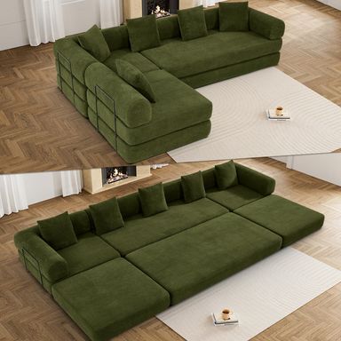 Convertible Sleeper Sofa Bed Set with Pillow, 4-in-1 Corduroy Folding Mattress Couch with Fixed-Shape Frame, Fold Out Floor Sofa Cama Lounge Couch for Living Room Bedroom Studio, Olive Green 158.5 Sage Green