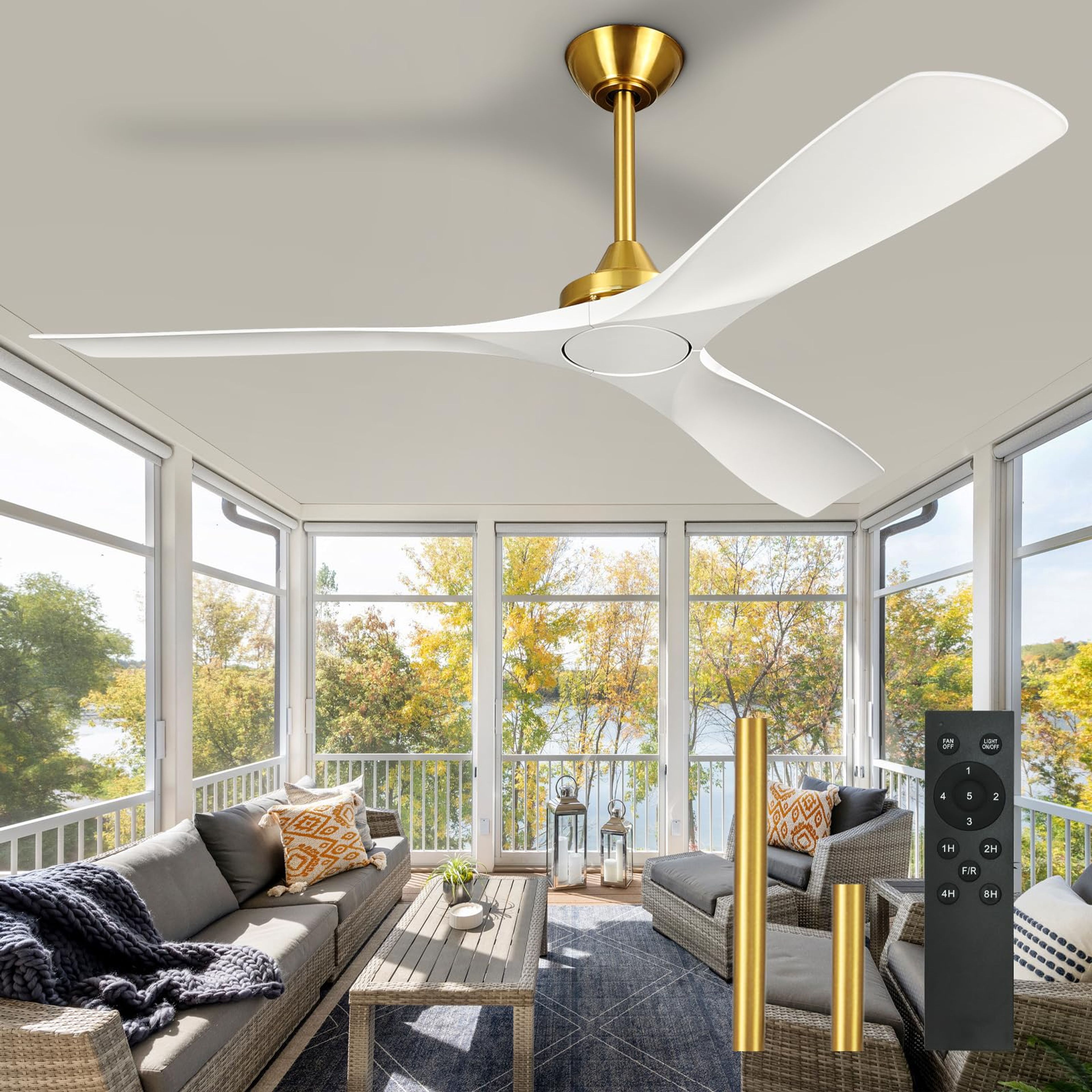 60" Smart Ceiling Fan, Remote/APP, 3 Wood Blades - Gold