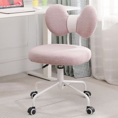Cute Armless Desk Chair with Back,Comfortable Small Office Chair with Wheels, Adjustable Rolling Swivel Computer Chair for Home Office,Dressing Table,Vanity Chair for Girls,Teddy Velvet (Pink)