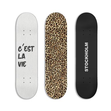 TwoDays Stockholm Style Skateboard Wall Decor - Modern Wall Mount Art Set for Men's Apartment & Dorm, Cool Cheetah Print Skate Deck, Trendy Skater Room Design (Set of 3)