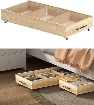 Amazon.com: MIBYLEN 1-Pack Solid Wood Under Bed Storage Drawer with Lids, Wheels, Handles-Brown : Home & Kitchen