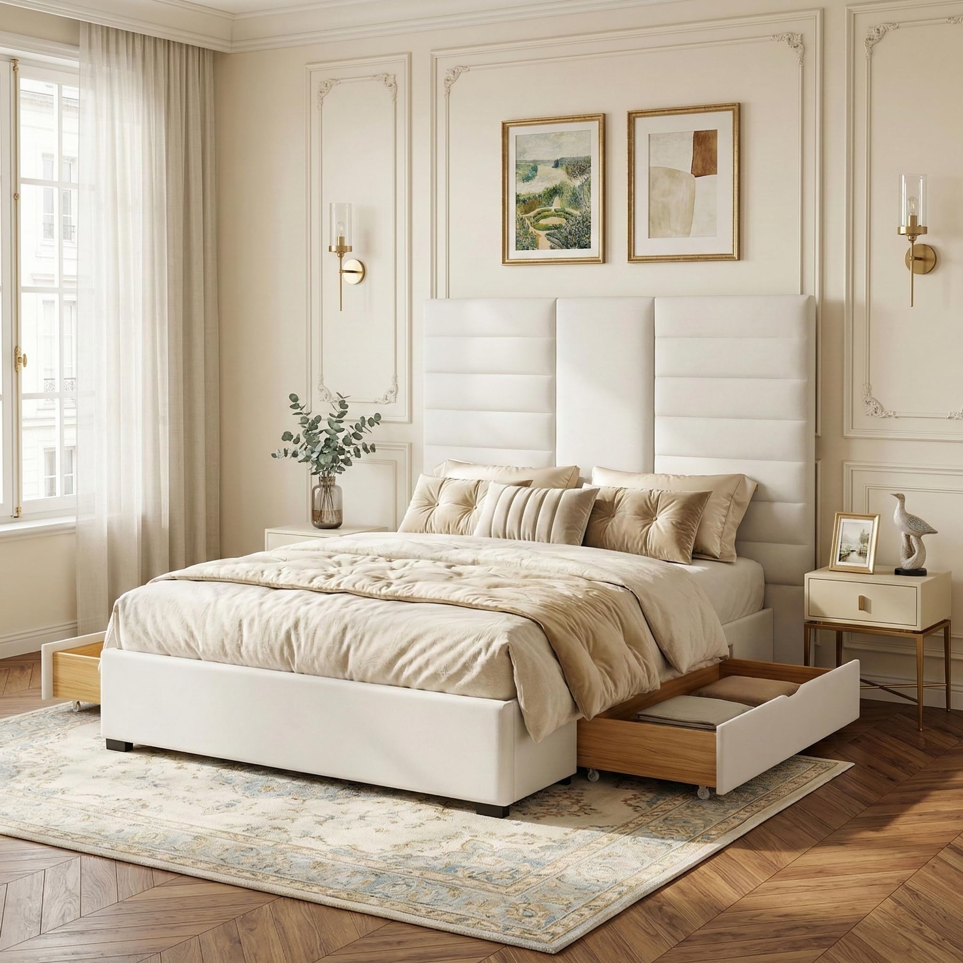 Cream Queen Bed Frame with Storage Drawers & Velvet Headboard