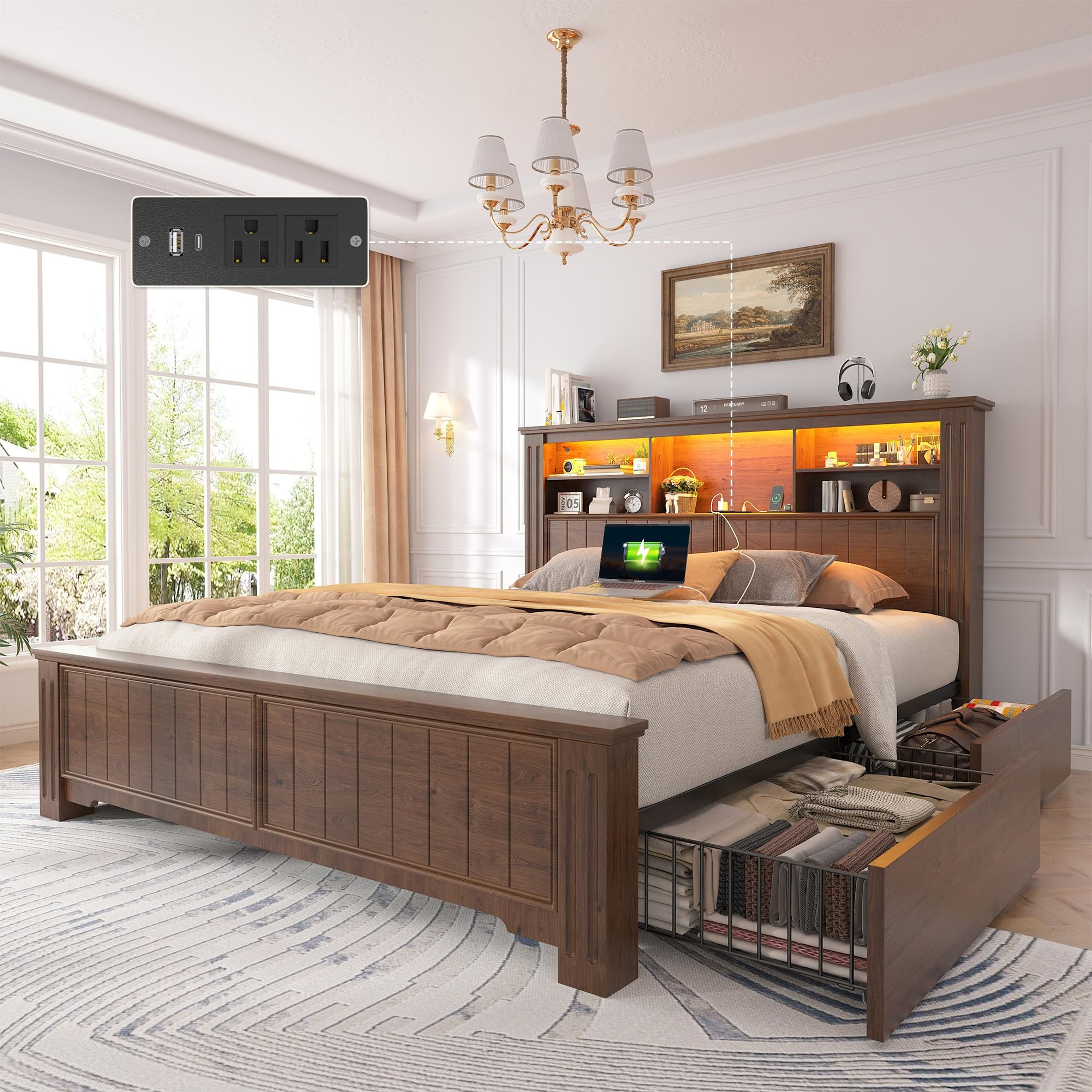 EnHomee Full Size Farmhouse Bed Frame with Storage, LED & Charging