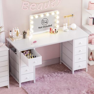 White Vanity Desk No Mirror - 47 Inch White Office Computer Desk with 8 Fabric Drawers on Both Sides for Girls, Makeup Work Writing Study Desks, Vanity Table No Mirror for Bedroom White 47.2"