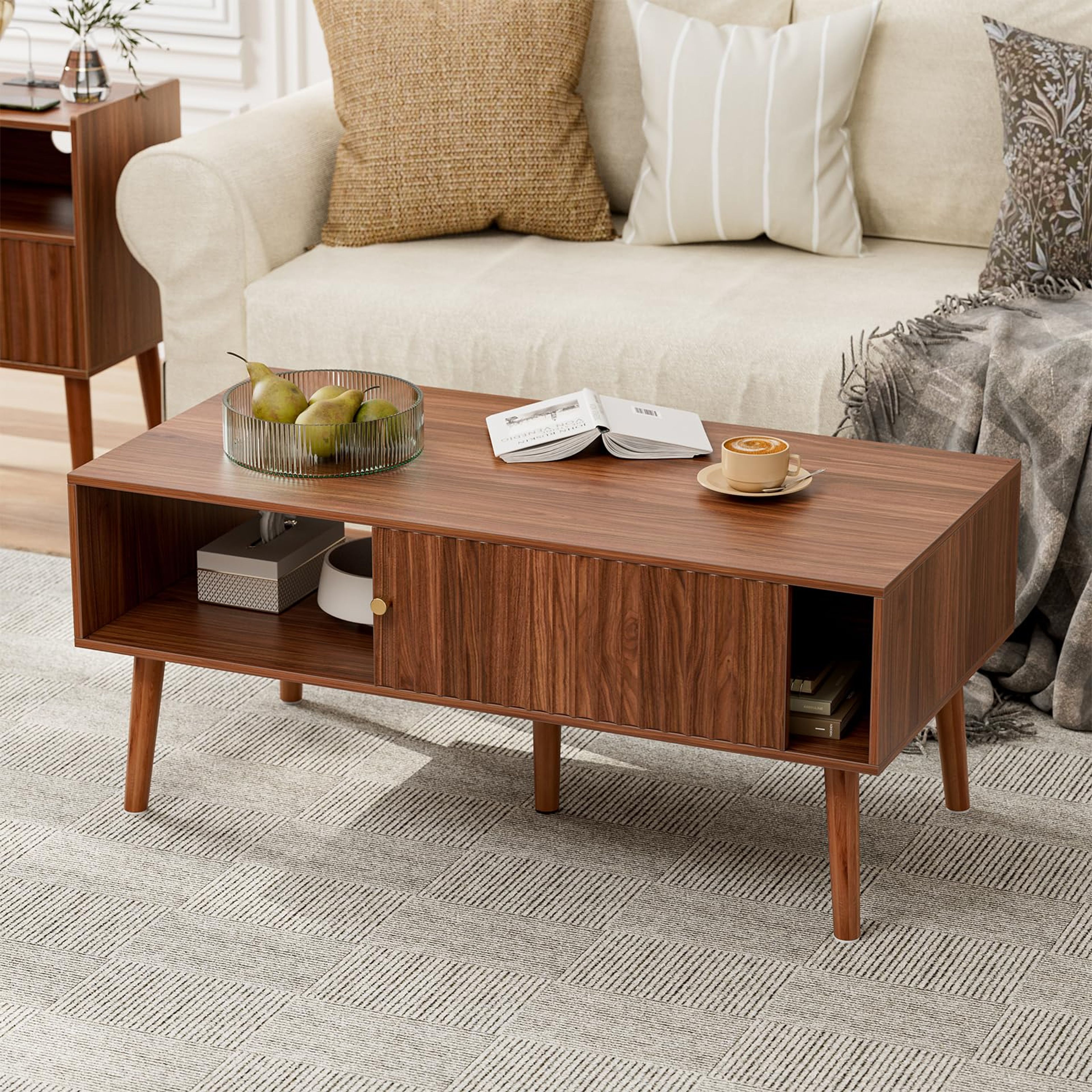 Walnut Mid-Century Coffee Table with Storage & Sliding Door