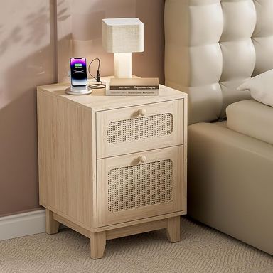 Amazon.com: Modern Wicker Rattan Nightstand, Boho Nightstand with Drawer and Charge Station, Wooden Side EndTable for Small Spaces, Natural Wood Bedside Table for Bedroom, Easy Assembly (with charging station, 1) : Home & Kitchen