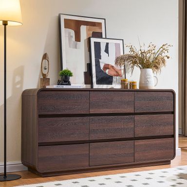 9 Drawer Double Dresser for Bedroom, Modern Curved Wood Chest Drawers of Handleless, Large Storage Dresser Bedroom, Living Room, Entryway, Walnut 15.4"D x 57"W x 28.4"H (9 Drawers) Walnut