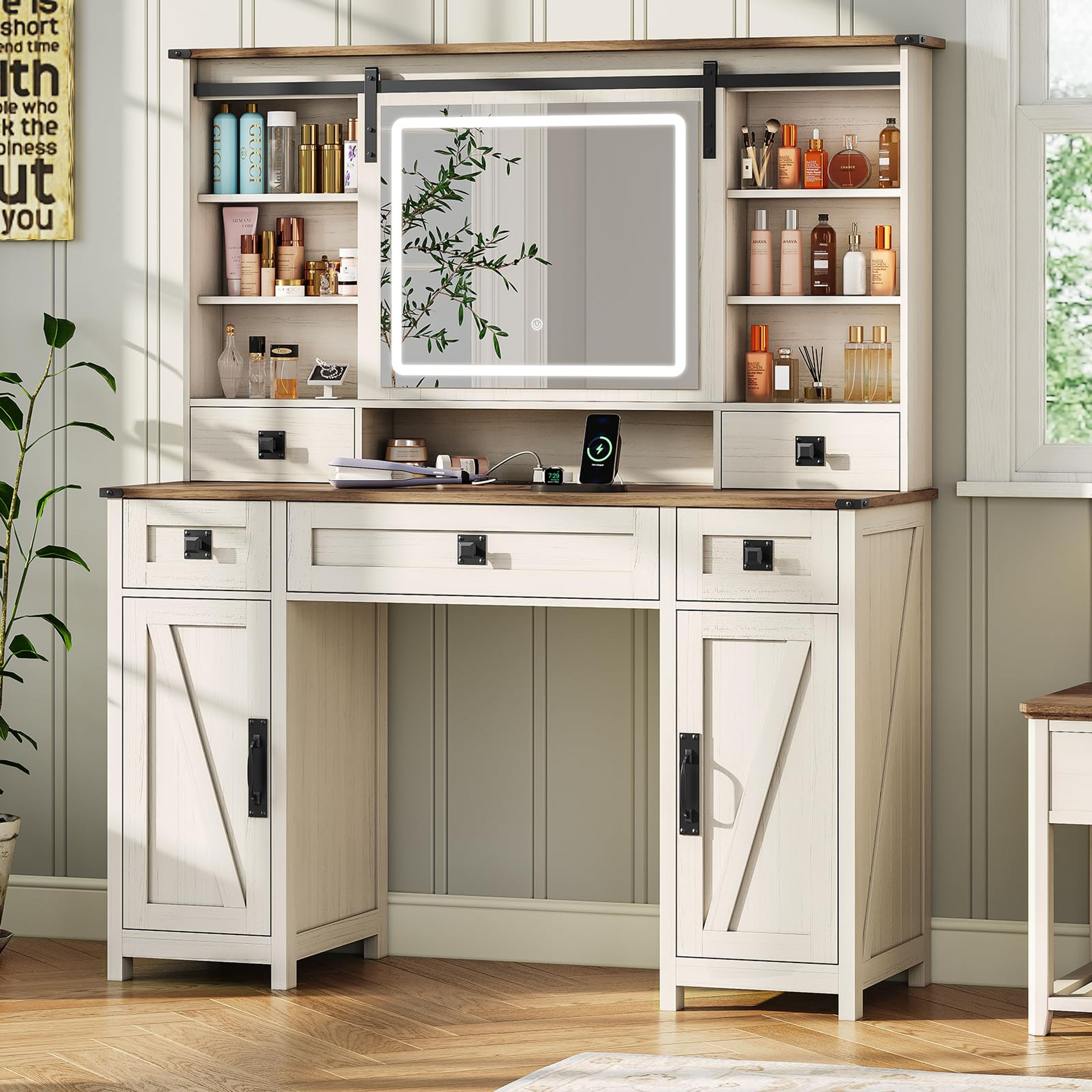 White Farmhouse Vanity Desk with Lights, Mirror & Charging Station