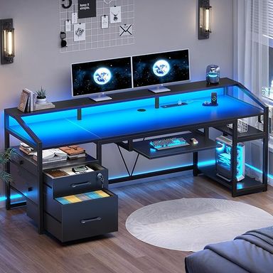 Amazon.com: SEDETA 63" Computer Desk, Office Desk with Lockable Drawers for Legal/Letter File, Gaming Desk with LED Lights & Power Outlet, Home Office Desks with Storage, Black : Home & Kitchen
