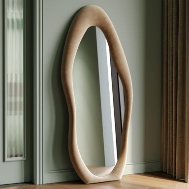Honyee Full Length Mirror, 63" x 24" Wall Mirror, Flannel Wrapped Wooden Frame Floor Mirror, Irregular Wavy Mirror Hanging or Leaning Against Wall for Cloakroom/Bedroom/Living Room, Milk Tea 63"L x 24"W Milk Tea