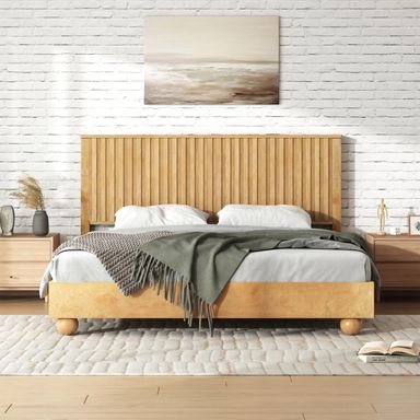 Merax Queen Size Bed Frame with Reeded Headboard, Natural Wood Platform Bed Frame with Sturdy Wooden Support Slats, No Box Spring Needed, Holds up to 800 Pounds, Noise-Free, Easy Assembly Queen (U.S. Standard) Natural