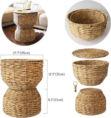 Woven Storage Ottoman Poof | Natural Seagrass Poufs, Multipurpose Hamper Stool, Rounded Wicker Basket Weave Chair - Barrel End Table, Jute Ottoman Side Table, Basket with Lid (Water hyacinth)