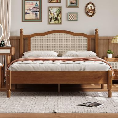 Merax Queen Bed Frame with Rattan Headboard, Vintage Farmhouse Wooden Platform Beds for Bedroom and Guest Room, No Box Spring Needed, Walnut