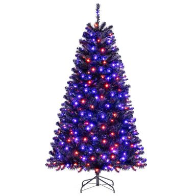 Goplus 6 FT Pre-Lit Black Christmas Tree, Artificial Hinged Halloween Tree with 280 Orange & Purple LED Lights, 6 Lighting Modes, Spooky Sounds, 758 Branch Tips, Xmas Tree for Home Office Decoration 6 FT Orange+purple