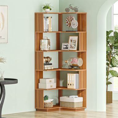 Tribesigns 6 Tier Corner Bookshelf, 64.9 Inches Tall Industrial L Shaped Bookcase with Anti-Drop Panel, Freestanding Wood Grain Shelf Display Rack Storage Organizer for Home Office Walnut Wood Grain