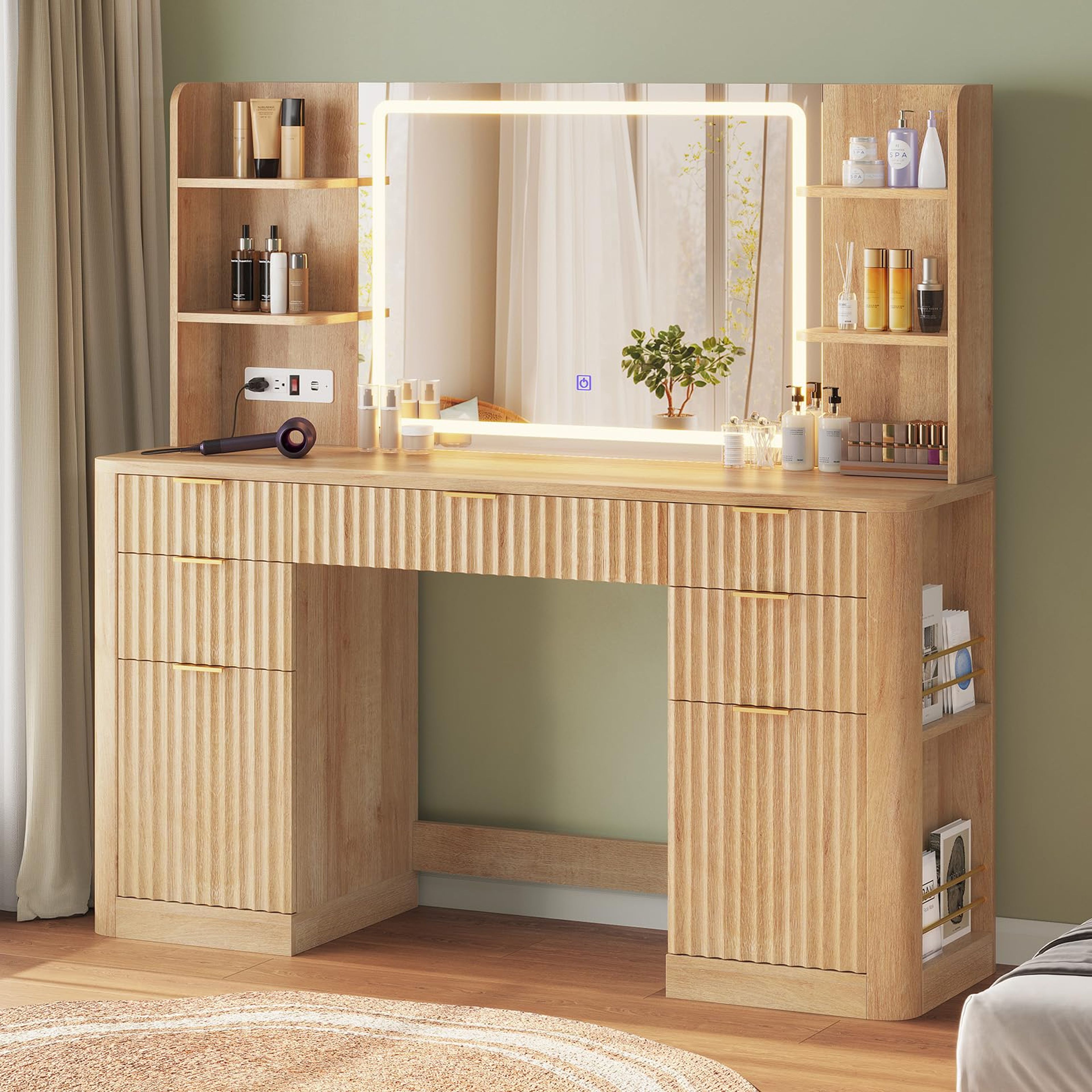 51.2" Fluted Oak Makeup Vanity Desk with LED Mirror & Lights