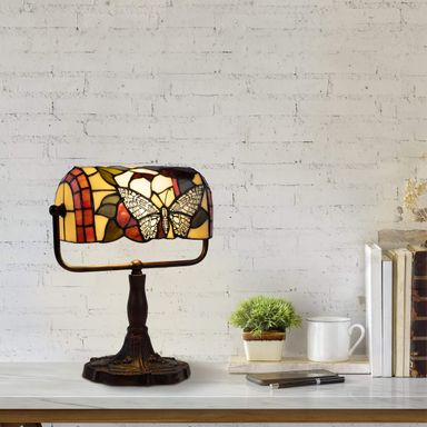 Tiffany Style Bankers Lamp-Stained Glass Butterfly Design Table or Desk Light LED Bulb Included-Vintage Look Colorful Accent Decor by Lavish Home