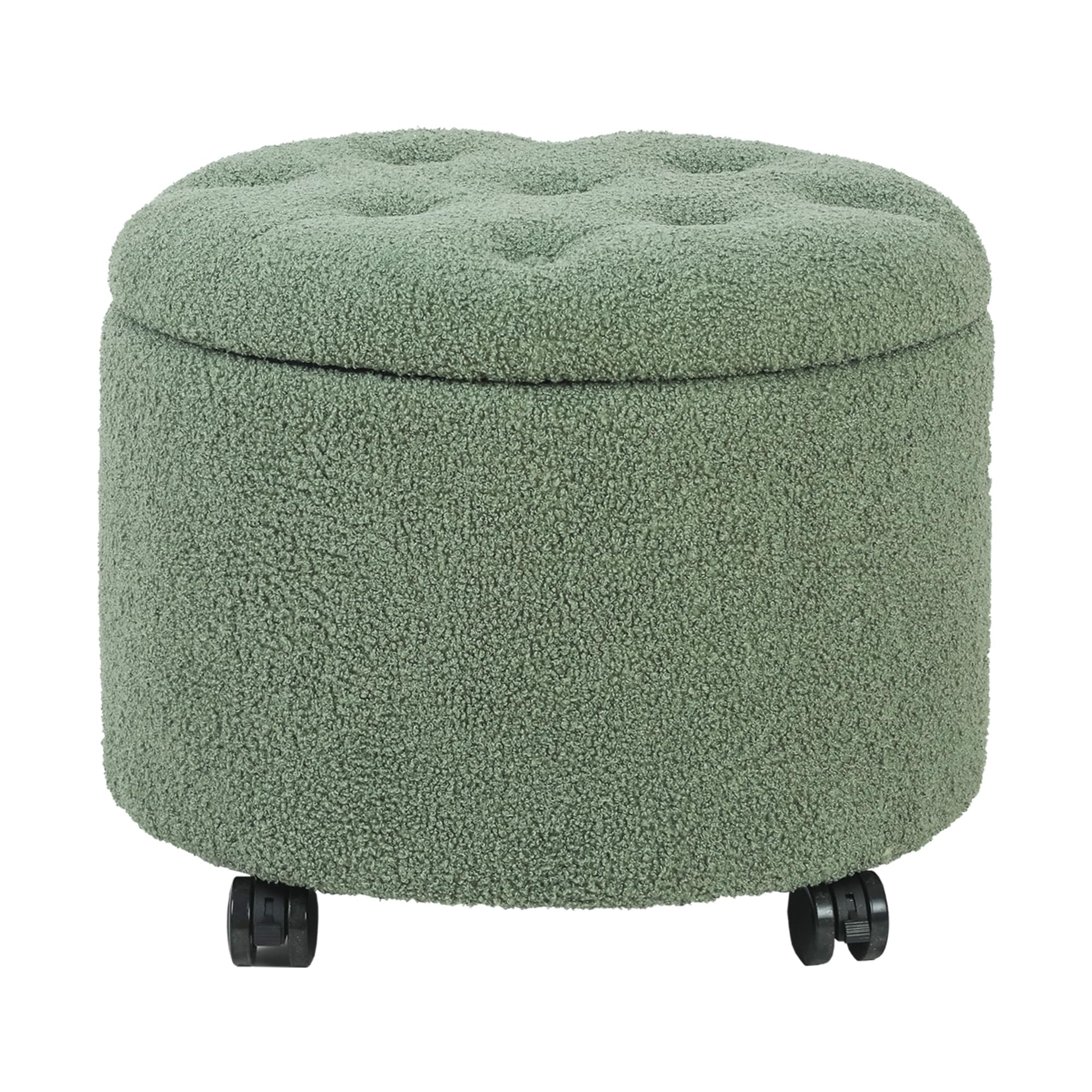 Green Round Storage Ottoman with Wheels - Teddy Velvet
