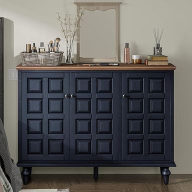 Amazon.com: Aoikax Retro 3 Door Storage Cabinet with Plaid Pattern Front, Rustic Side Table with Push-to-Open Doors for Bedroom, Living Room, Handles, Four Shelves, Pine Wood, Natural Wood, Dark Blue : Home & Kitchen