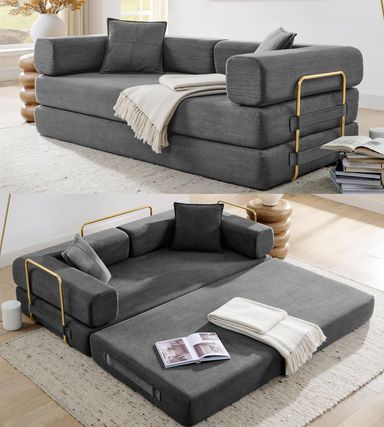 Convertible Sleeper Sofa Bed, Corduroy Folding Sofa Bed with Fixed-Shape Frame, Fold Out Floor Mattress Couch, Lazy Compression Sofa for Living Room, Bedroom, No Assembly Required, Grey