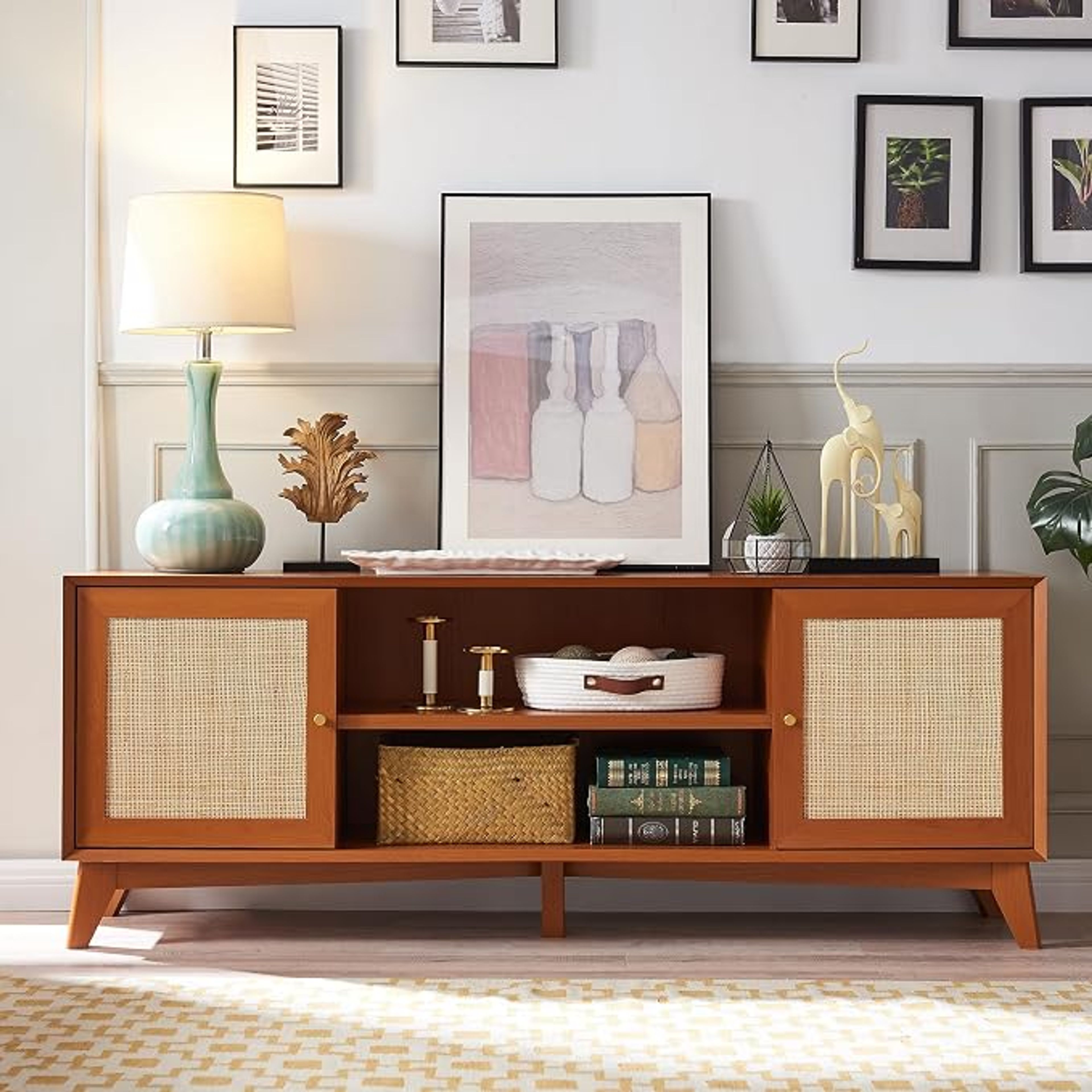 T4TREAM Rattan TV Stand for 75 Inch TV - Boho Cherry